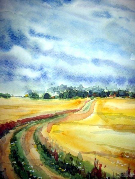 Проселочная дорога акварель
