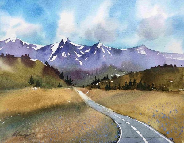 Пейзаж с дорогой акварель