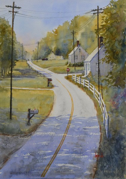 Пейзаж с дорогой акварель