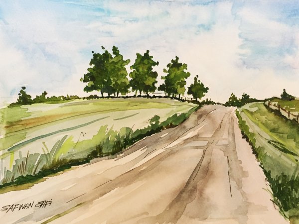 Дорога в поле акварелью