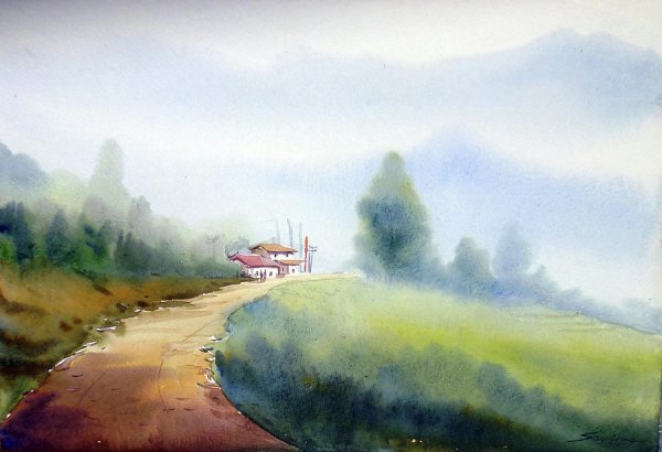 Зимняя дорога акварель