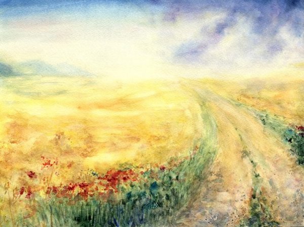 Пшеничное поле акварелью