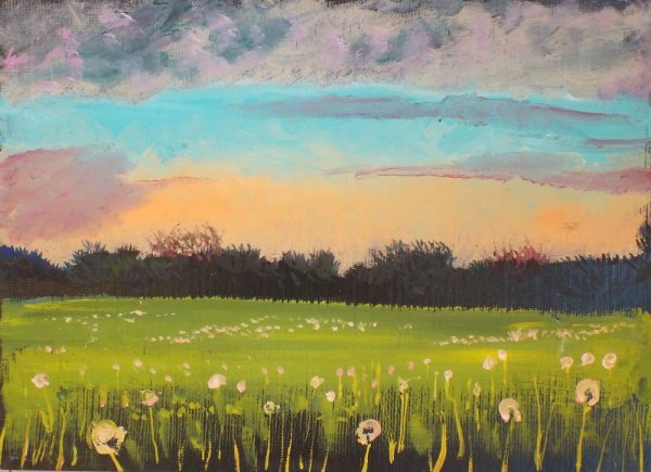 Одуванчиковое поле гуашью