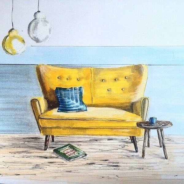 Акварель интерьер диван