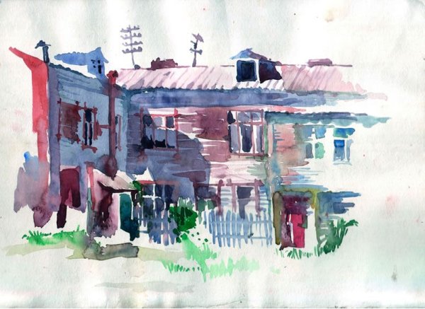 Пленер Этюд акварелью деревня