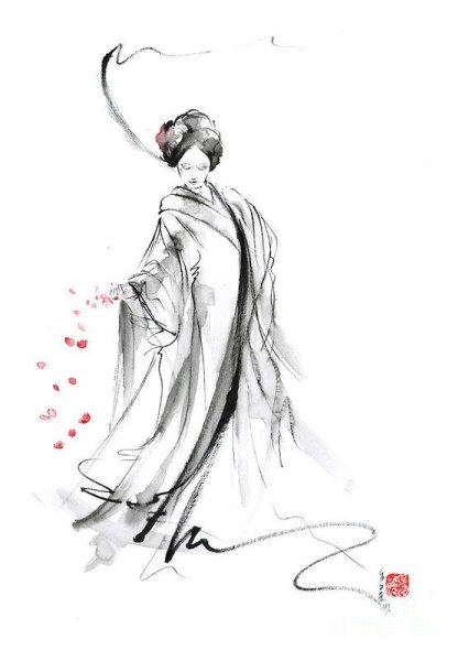 Японская традиционная Суми-э живопись. Гора Фудзи, Сакура