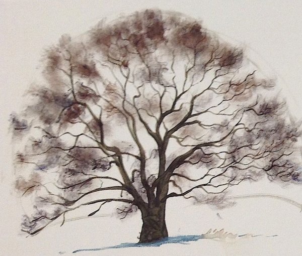 Деревья зимой акварелью