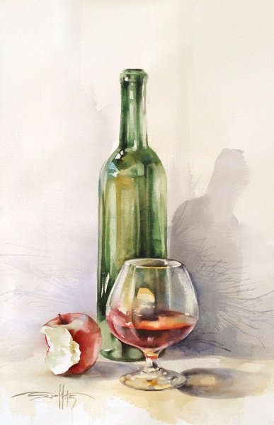 Прозрачная бутылка акварелью