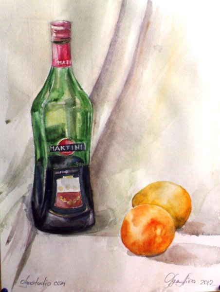 Стеклянная бутылка акварелью