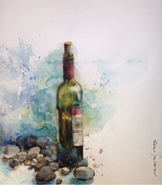 Стеклянная бутылка акварелью