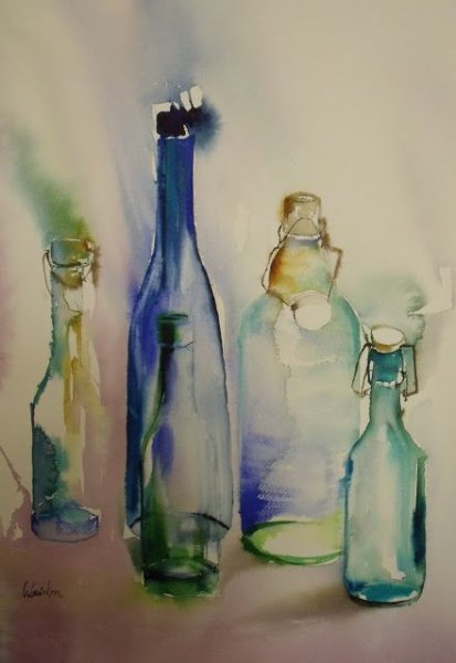 Натюрморт с бутылкой акварелью