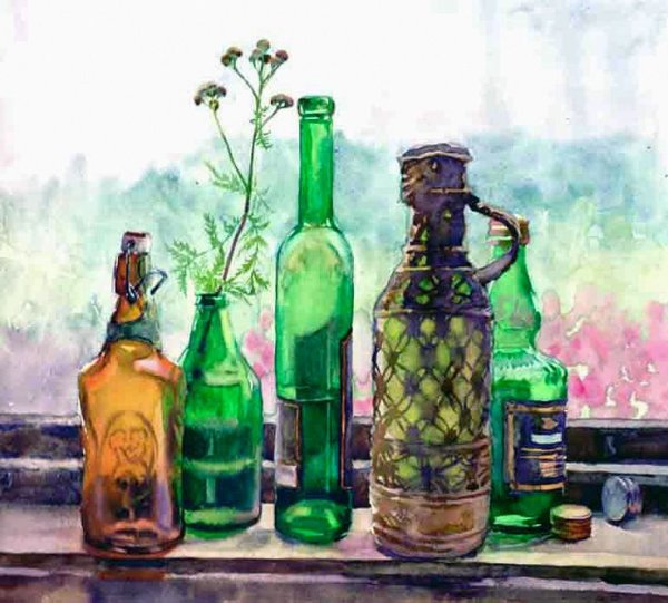Стеклянная бутылка гуашью