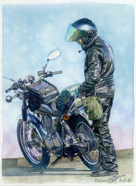 Мотоциклист акварель