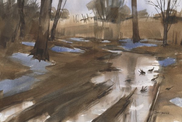 Оттепель акварель