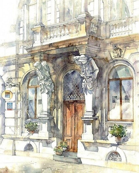 Скетчинг архитектура акварель