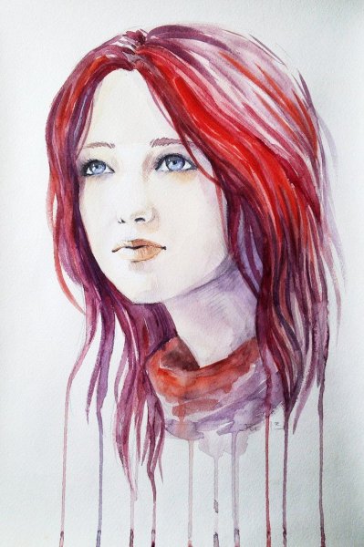 Рыжая девушка акварель