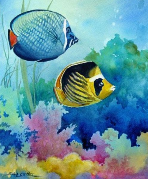 Морские рыбки акварель