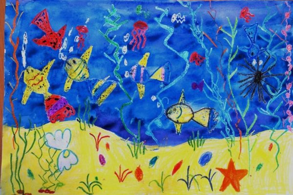 «Подводное царство» (граттаж + восковые мелки)