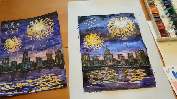 «Праздничный салют над городом» (восковые мелки + акварель)