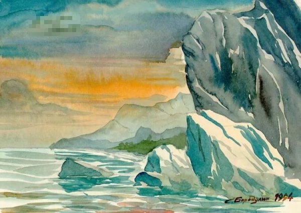 Пейзаж гуашью море и скалы