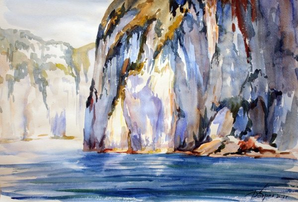 Акварель река скалы храм