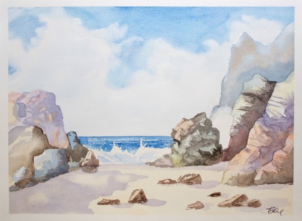 Берег моря акварелью