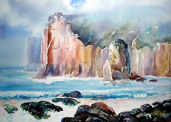 Море утёс горы акварель
