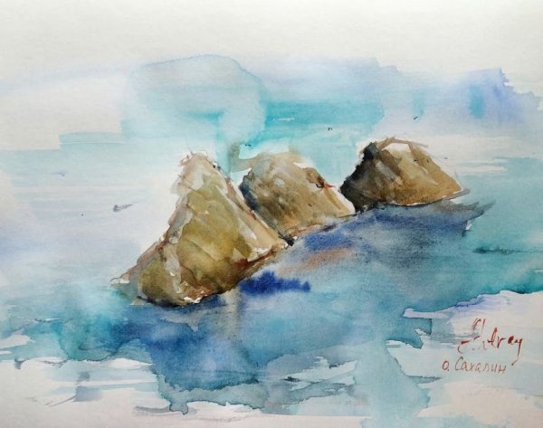Акварель скалы три брата о. Ольхон