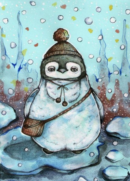 Милый Пингвин акварелью