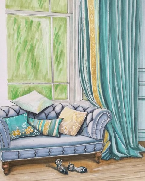 Интерьер комнаты акварелью