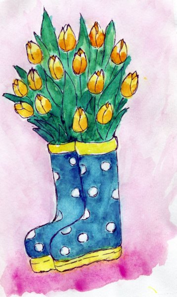 Тюльпаны в сапогах акварель