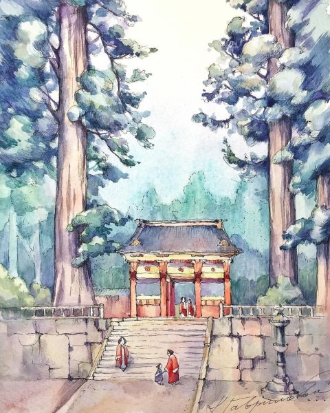 Корея Чхандоккун Сеул акварелью