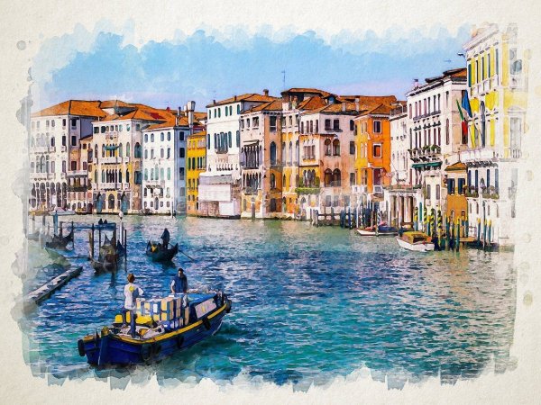 Венеция гондольеры акварель
