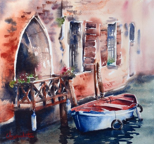 Лодка в Венеции акварелью
