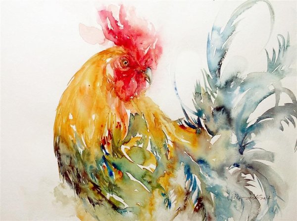Петух гуашью