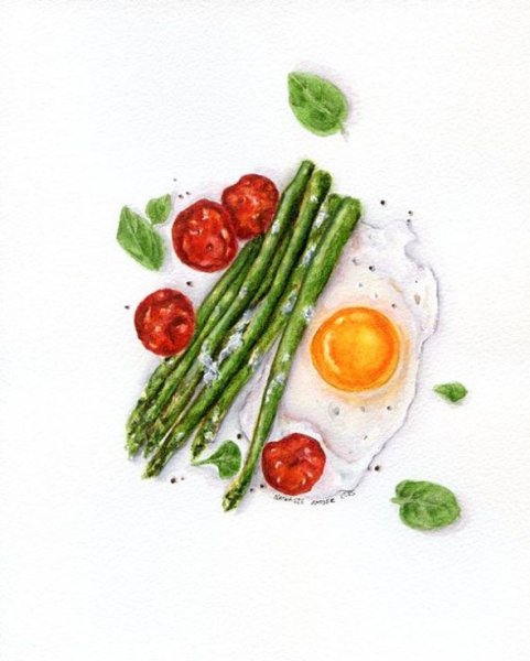 Яичница с беконом акварель