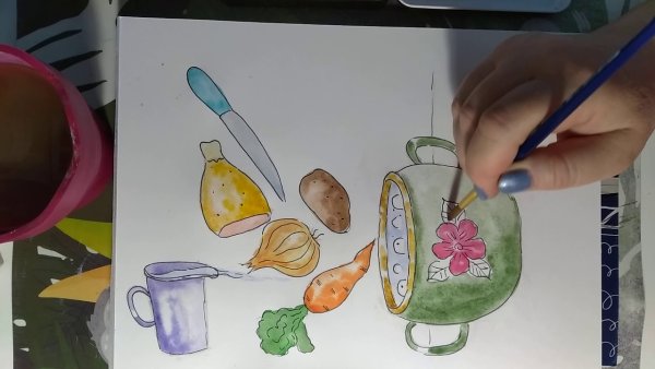 Кастрюля рисунок акварелью