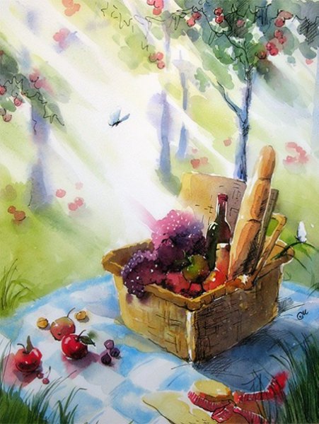 Картина пикник на природе акварель