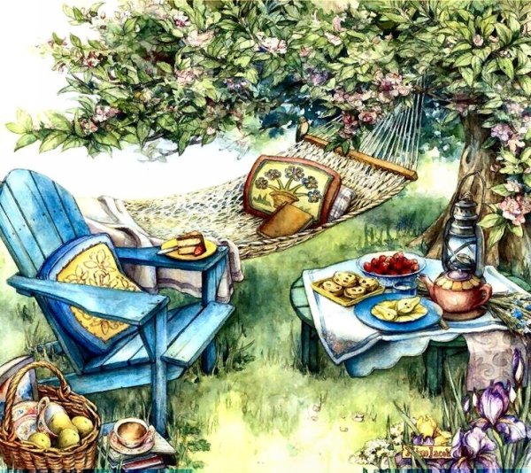 Корзинка для пикника акварелью