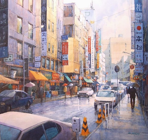 Городской пейзаж акварель