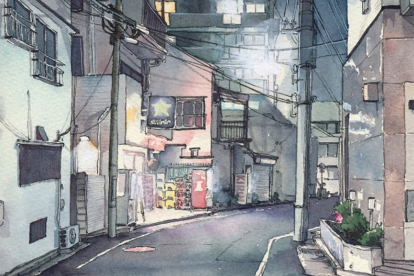 Акварель пейзаж Токио