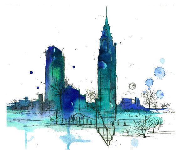 На белом фоне акварельный город