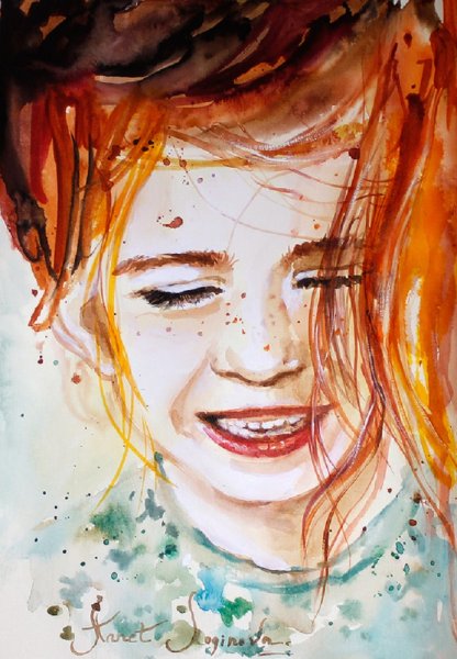 Рыжая девушка акварель