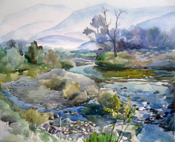 Пейзажи акварелью горный ручей