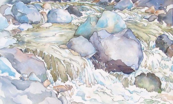 Горный ручей акварелью