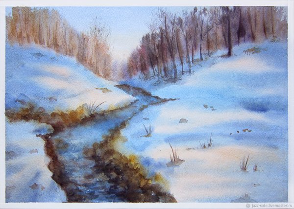 Март пейзаж акварель