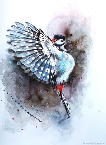 Дятел акварелью