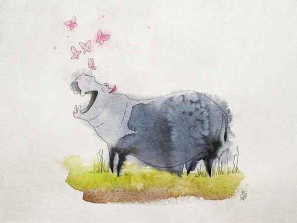 Бегемот акварелью