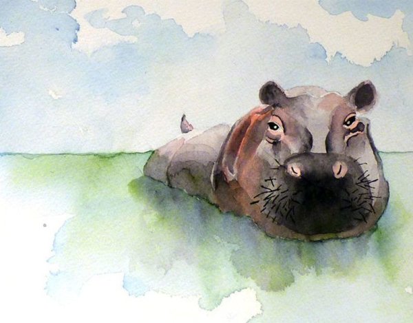 Бегемотик акварель