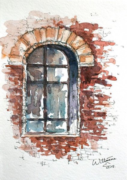 Кирпичный дом акварелью